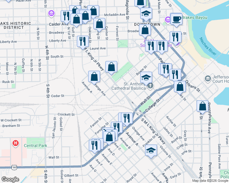 map of restaurants, bars, coffee shops, grocery stores, and more near 1185 Crockett Street in Beaumont