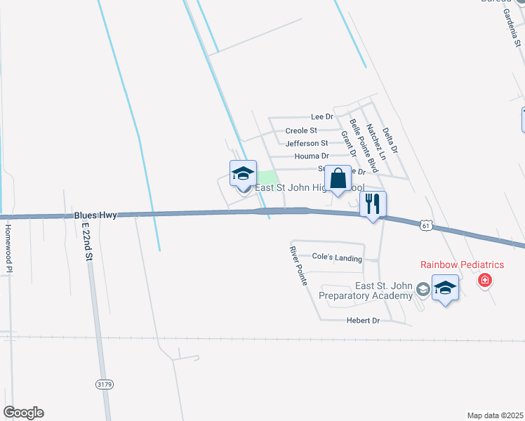 map of restaurants, bars, coffee shops, grocery stores, and more near 1 Wildcat Drive in LaPlace