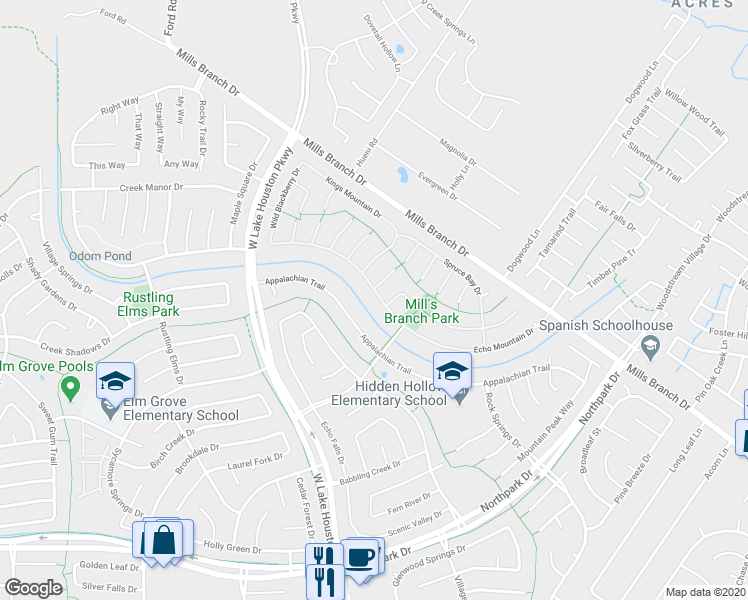 map of restaurants, bars, coffee shops, grocery stores, and more near 3610 Echo Mountain Drive in Humble