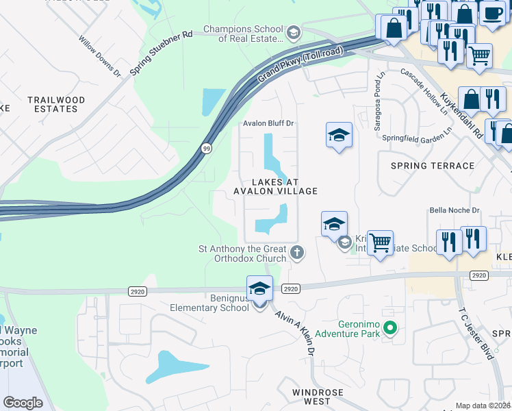 map of restaurants, bars, coffee shops, grocery stores, and more near 7215 Avalon Aqua Way in Spring