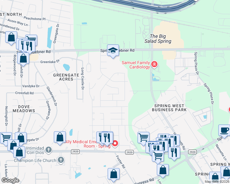 map of restaurants, bars, coffee shops, grocery stores, and more near 2314 Rendale Court in Spring