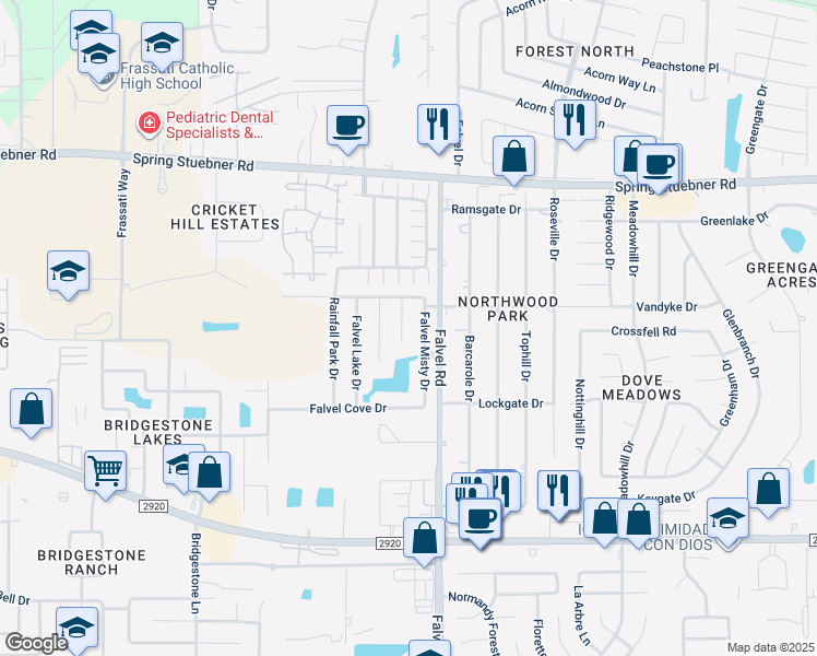 map of restaurants, bars, coffee shops, grocery stores, and more near 21626 Falvel Sunset Court in Spring