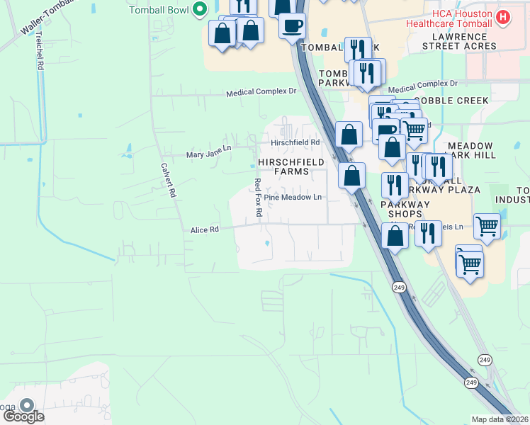 map of restaurants, bars, coffee shops, grocery stores, and more near 27810 Red Fox Road in Tomball