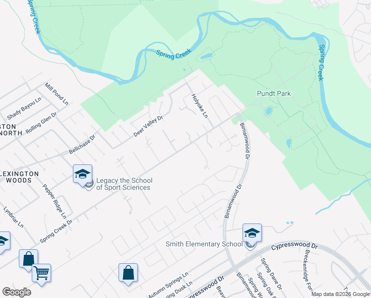 map of restaurants, bars, coffee shops, grocery stores, and more near 3131 Spring Creek Drive in Spring