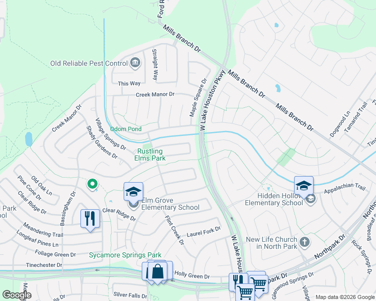 map of restaurants, bars, coffee shops, grocery stores, and more near 3343 Golden Willow Drive in Humble