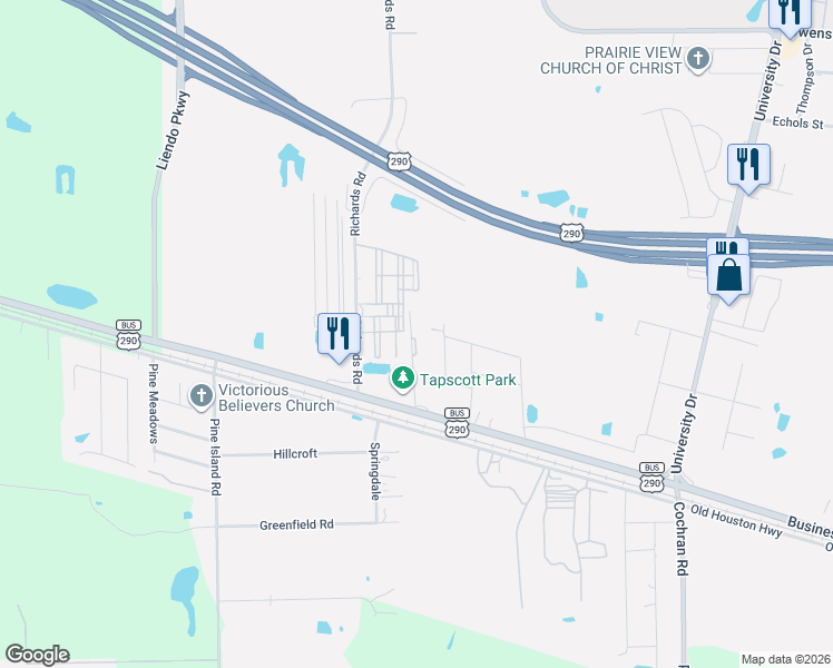 map of restaurants, bars, coffee shops, grocery stores, and more near 576 Ellen Powell in Prairie View
