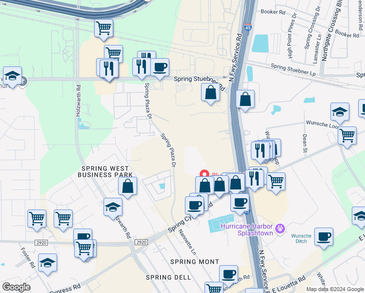 map of restaurants, bars, coffee shops, grocery stores, and more near 21200 Spring Plaza Drive in Spring