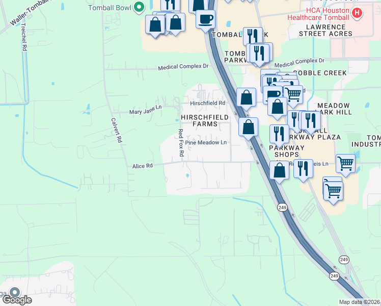 map of restaurants, bars, coffee shops, grocery stores, and more near 27810 Red Fox Road in Tomball