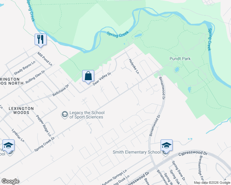 map of restaurants, bars, coffee shops, grocery stores, and more near 3131 Spring Creek Drive in Spring