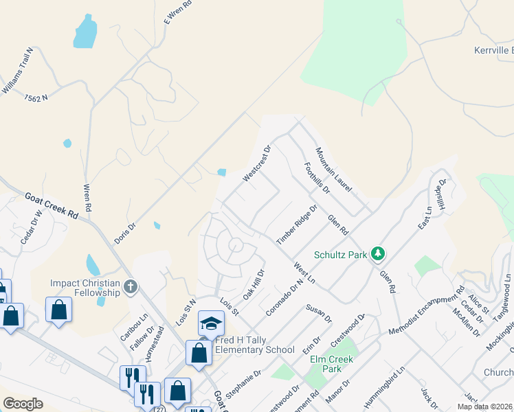 map of restaurants, bars, coffee shops, grocery stores, and more near 418 Meadow Ridge Drive in Kerrville