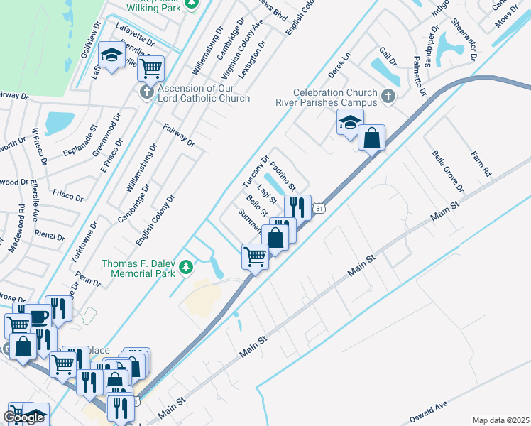 map of restaurants, bars, coffee shops, grocery stores, and more near 18 Bello Street in LaPlace