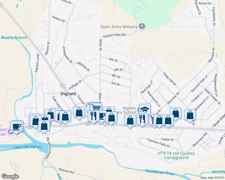 map of restaurants, bars, coffee shops, grocery stores, and more near 306 Whispering Oaks in Ingram