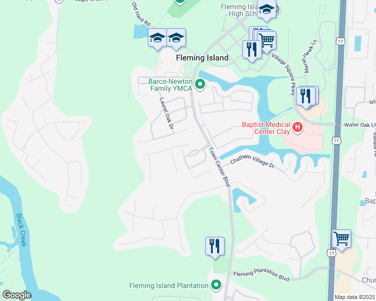 map of restaurants, bars, coffee shops, grocery stores, and more near 2074 Thornhill Drive in Orange Park