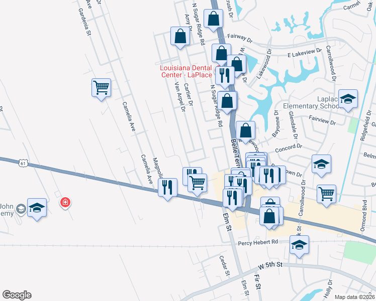 map of restaurants, bars, coffee shops, grocery stores, and more near 1401 Van Arpel Drive in LaPlace