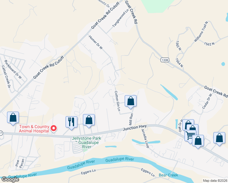 map of restaurants, bars, coffee shops, grocery stores, and more near 512 Cotton Gin Lane in Kerrville