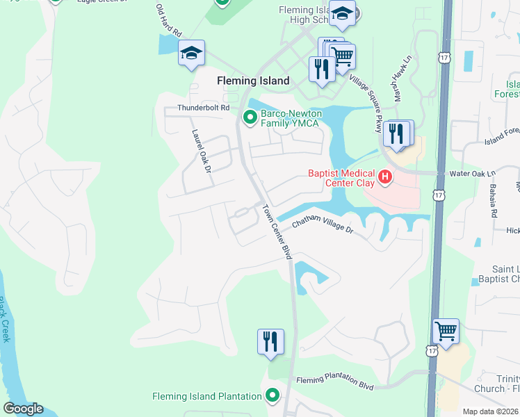 map of restaurants, bars, coffee shops, grocery stores, and more near 2101 Pond Spring Way in Fleming Island