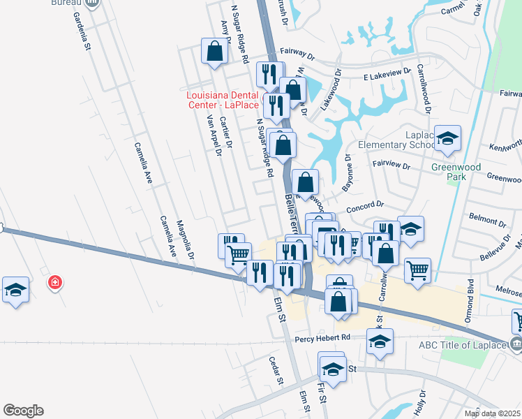 map of restaurants, bars, coffee shops, grocery stores, and more near 1816 Cinclair Loop in LaPlace
