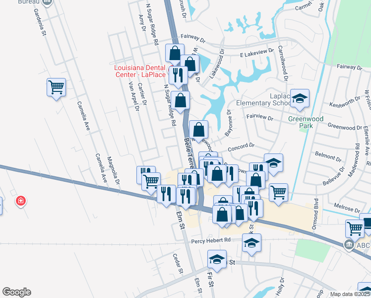 map of restaurants, bars, coffee shops, grocery stores, and more near 1132 North Sugar Ridge Road in LaPlace