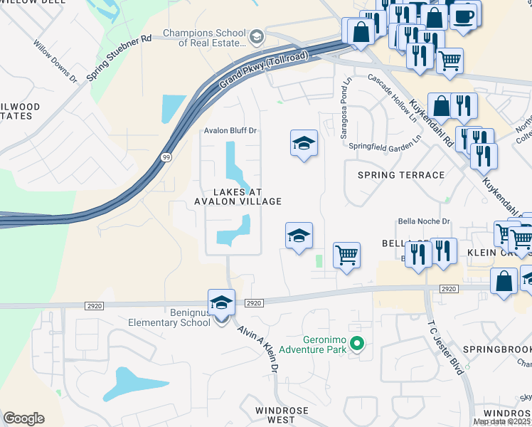 map of restaurants, bars, coffee shops, grocery stores, and more near 21522 Avalon Queen Dr in Spring