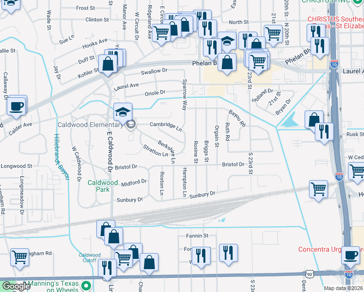map of restaurants, bars, coffee shops, grocery stores, and more near 203 Stratton Lane in Beaumont