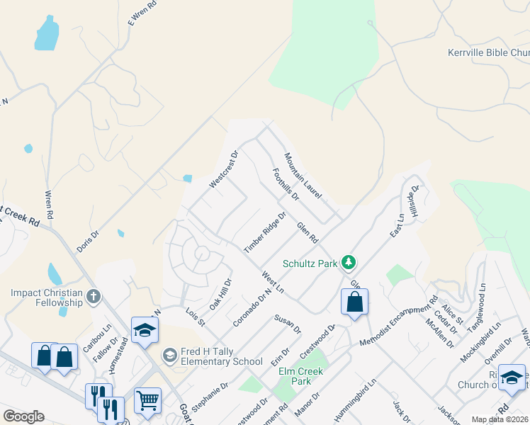 map of restaurants, bars, coffee shops, grocery stores, and more near 434 Timber Ridge Drive in Kerrville
