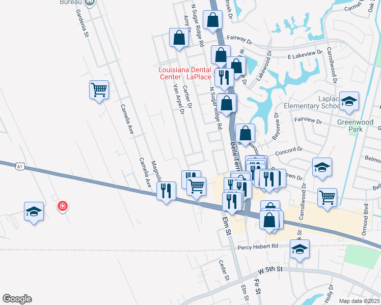 map of restaurants, bars, coffee shops, grocery stores, and more near 1401 Van Arpel Drive in LaPlace