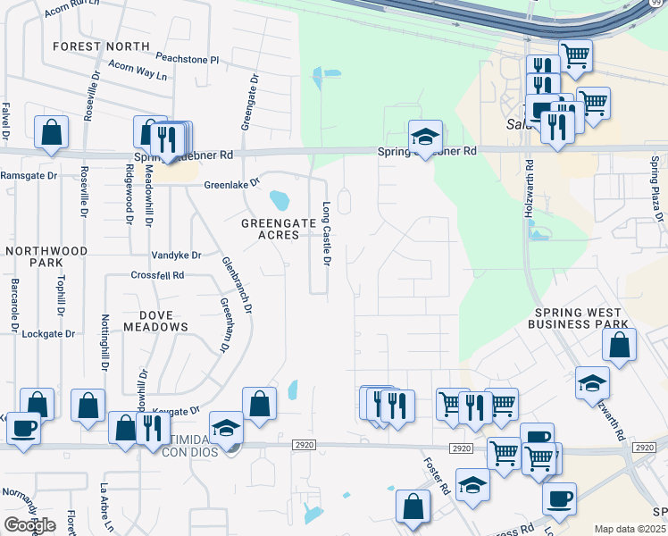 map of restaurants, bars, coffee shops, grocery stores, and more near 21522 Long Castle Drive in Spring
