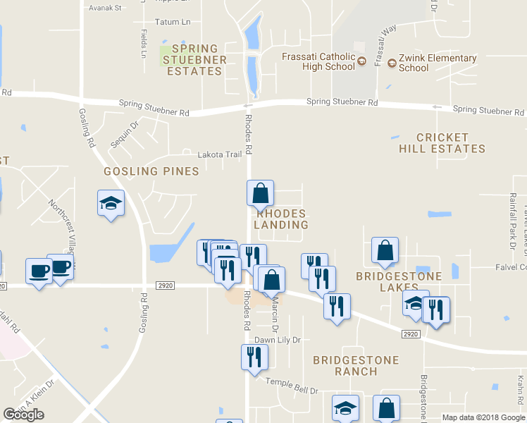 map of restaurants, bars, coffee shops, grocery stores, and more near 21602 Astipalia Drive in Spring