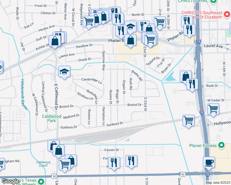 map of restaurants, bars, coffee shops, grocery stores, and more near 160 Briggs St in Beaumont