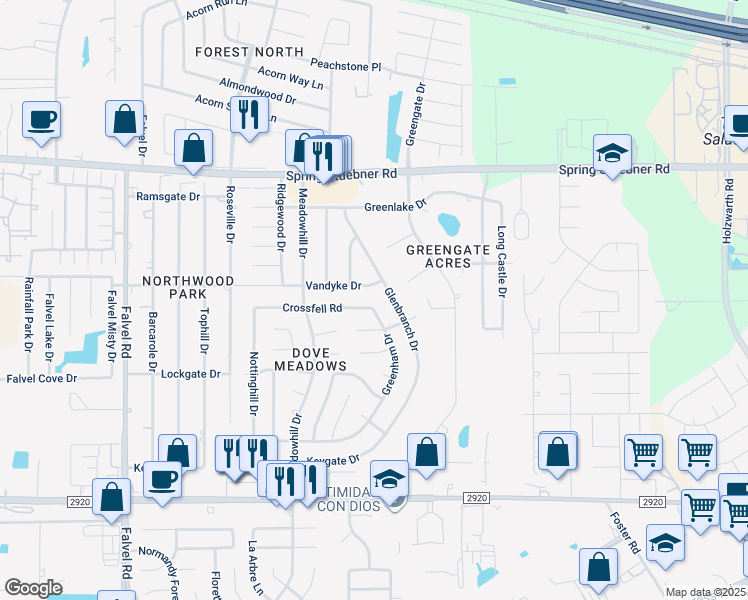 map of restaurants, bars, coffee shops, grocery stores, and more near 3202 Crossfell Road in Spring