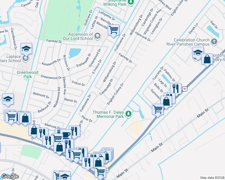 map of restaurants, bars, coffee shops, grocery stores, and more near 1612 Cambridge Drive in LaPlace