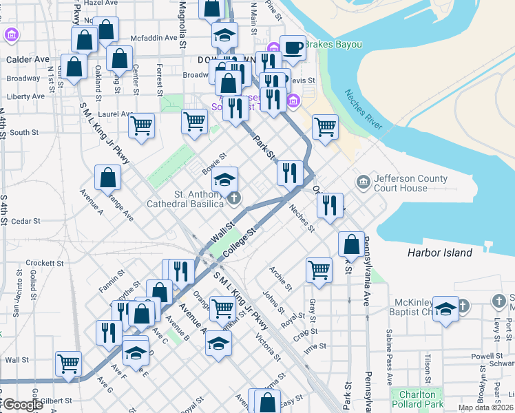 map of restaurants, bars, coffee shops, grocery stores, and more near 735 Wall Street in Beaumont
