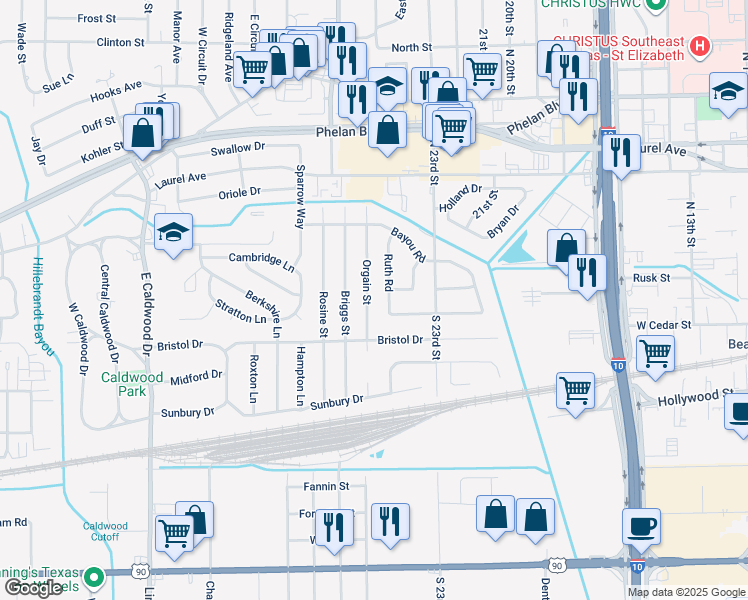 map of restaurants, bars, coffee shops, grocery stores, and more near 161 Orgain Street in Beaumont