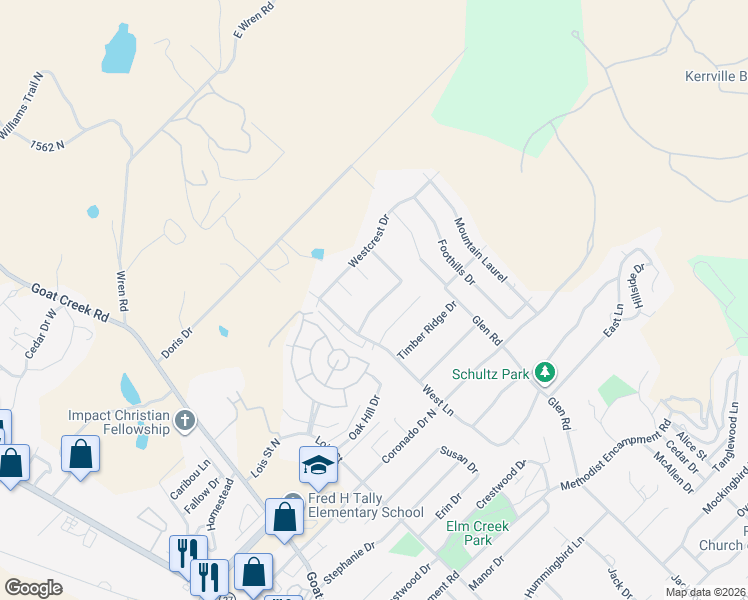 map of restaurants, bars, coffee shops, grocery stores, and more near 418 Meadow Ridge Dr in Kerrville