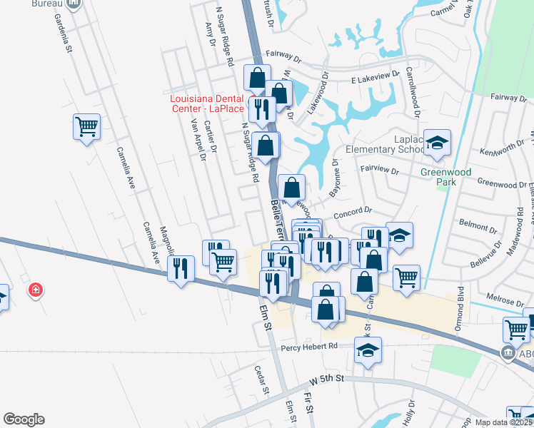 map of restaurants, bars, coffee shops, grocery stores, and more near 1132 North Sugar Ridge Road in LaPlace