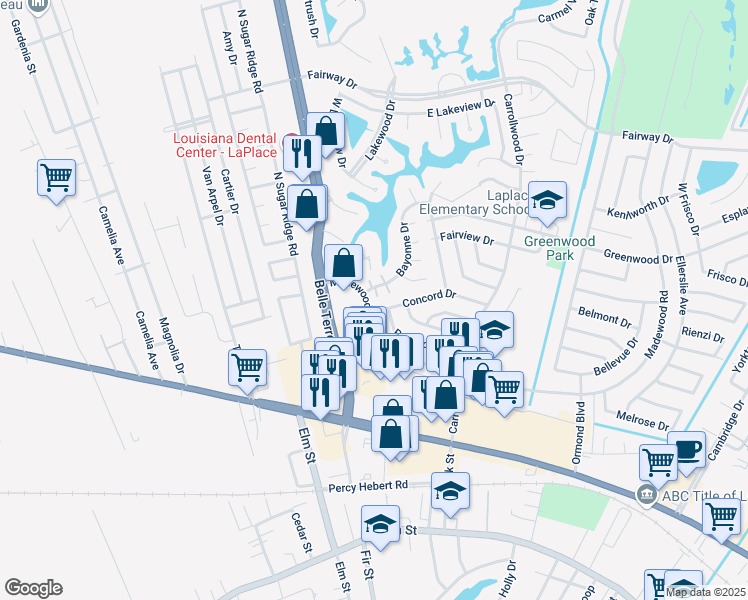 map of restaurants, bars, coffee shops, grocery stores, and more near 110 Bourg Street in LaPlace