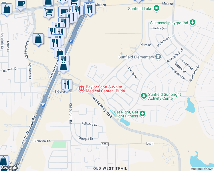 map of restaurants, bars, coffee shops, grocery stores, and more near 486 Pond View Pass in Buda