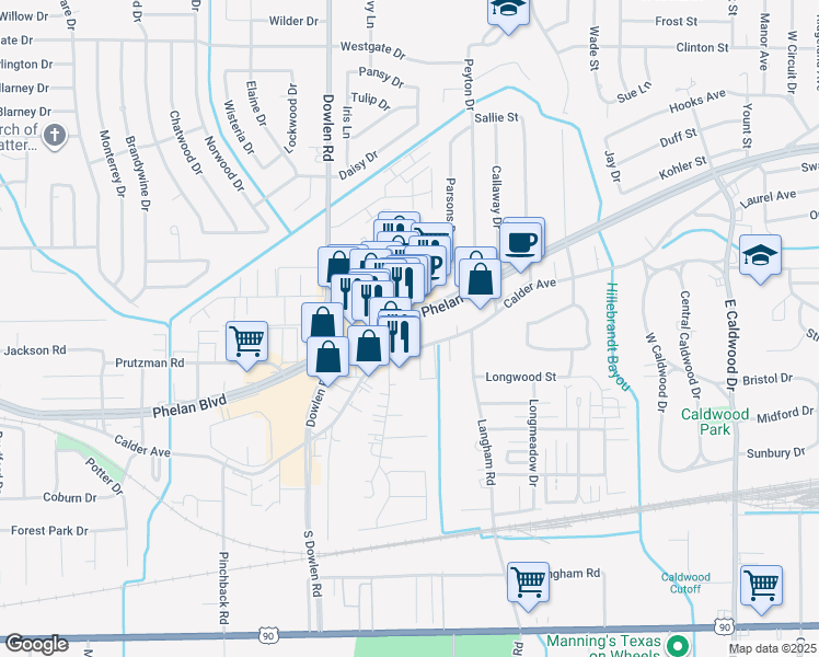 map of restaurants, bars, coffee shops, grocery stores, and more near 30 Plaza Drive in Beaumont