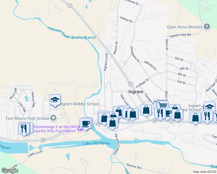 map of restaurants, bars, coffee shops, grocery stores, and more near 106 Clark Street in Ingram