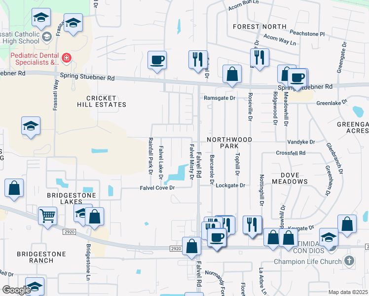 map of restaurants, bars, coffee shops, grocery stores, and more near 21634 Falvel Sunset Court in Spring