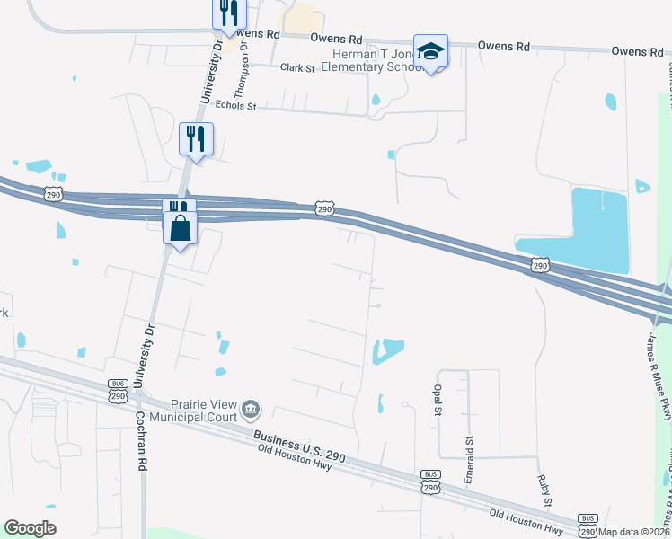 map of restaurants, bars, coffee shops, grocery stores, and more near 517 Begonia Street in Prairie View