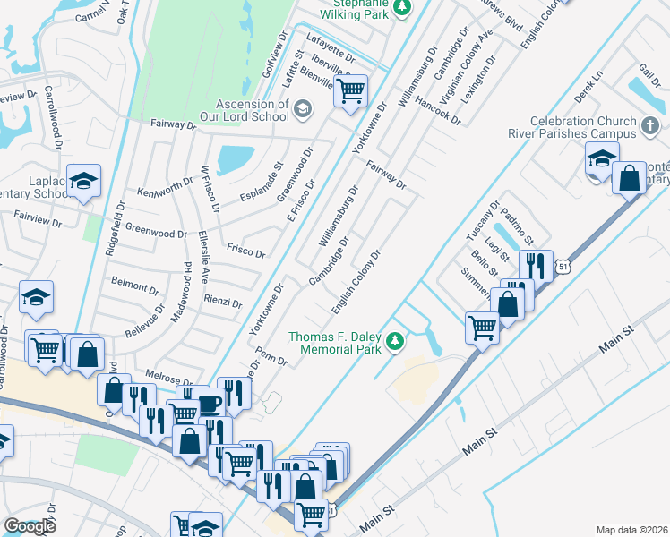 map of restaurants, bars, coffee shops, grocery stores, and more near 1612 Cambridge Drive in LaPlace
