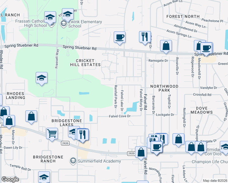 map of restaurants, bars, coffee shops, grocery stores, and more near 21635 Rainfall Park Drive in Spring