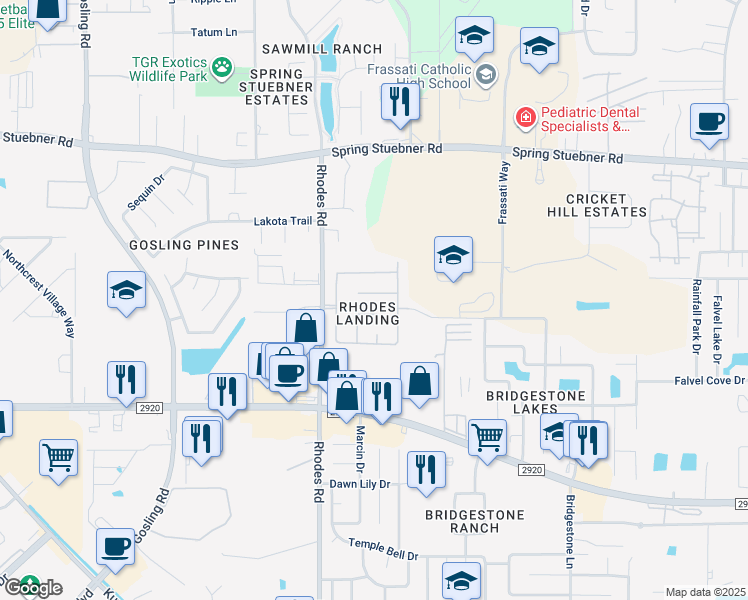map of restaurants, bars, coffee shops, grocery stores, and more near 4927 Kalithea Court in Spring