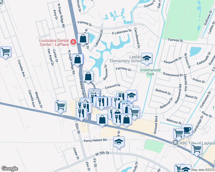 map of restaurants, bars, coffee shops, grocery stores, and more near 237 Concord Drive in LaPlace