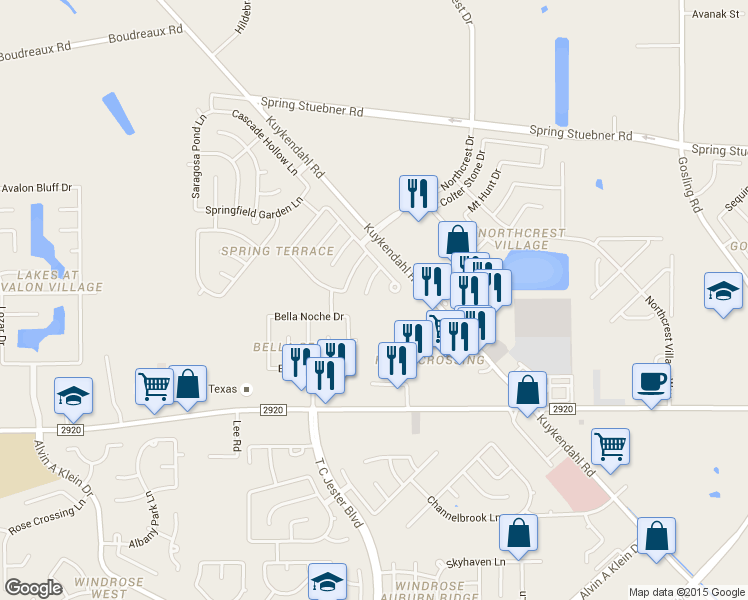 map of restaurants, bars, coffee shops, grocery stores, and more near 6715 Castle Terrace Court in Spring