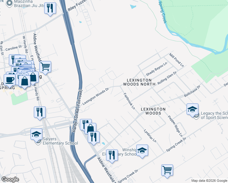 map of restaurants, bars, coffee shops, grocery stores, and more near 2122 Lexington Boulevard in Spring