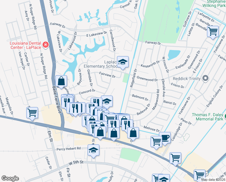 map of restaurants, bars, coffee shops, grocery stores, and more near 184 Rue Dubourg in LaPlace