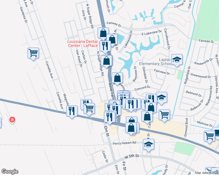 map of restaurants, bars, coffee shops, grocery stores, and more near 1132 North Sugar Ridge Road in LaPlace