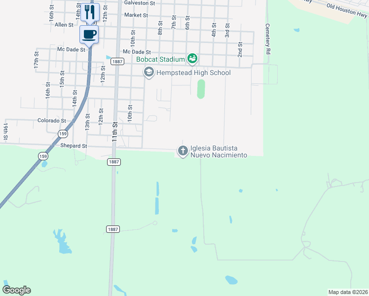 map of restaurants, bars, coffee shops, grocery stores, and more near 545 Shepherd Street in Hempstead
